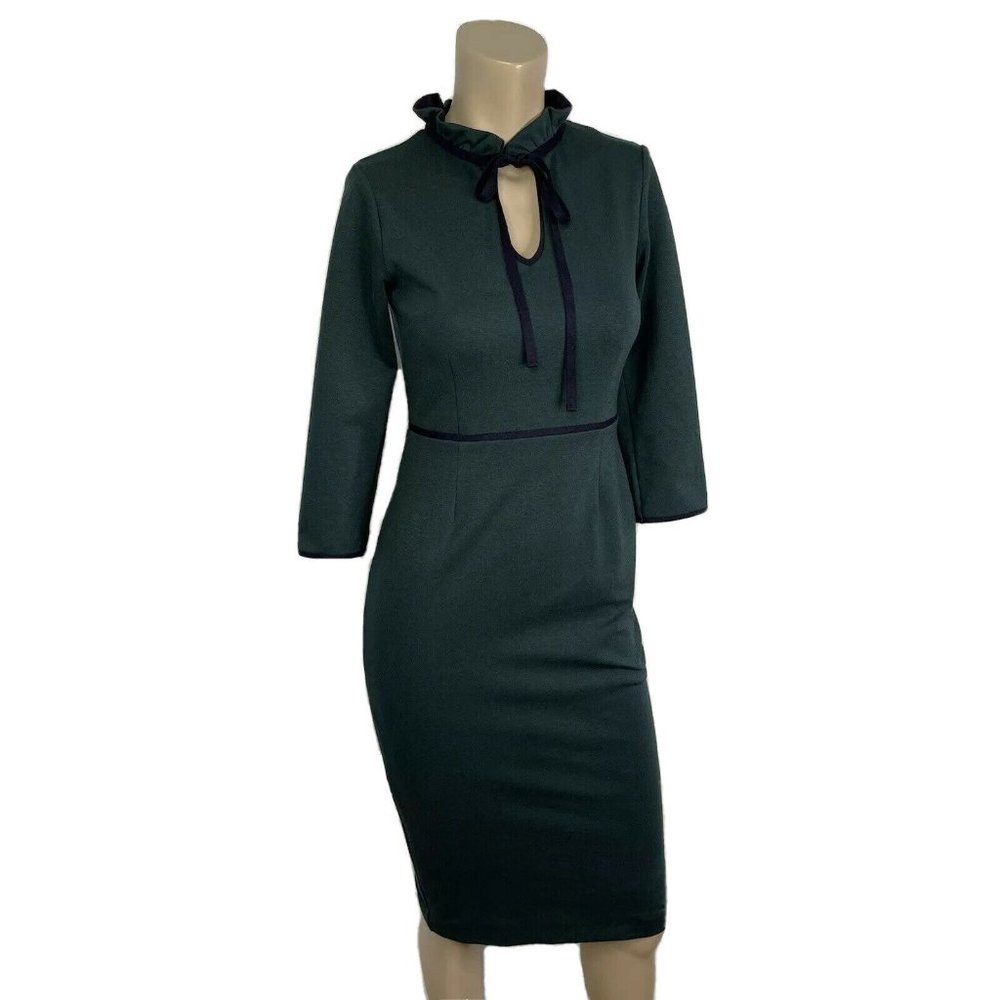 Boden Forest Green Midi Dress with Ruffle Neckline